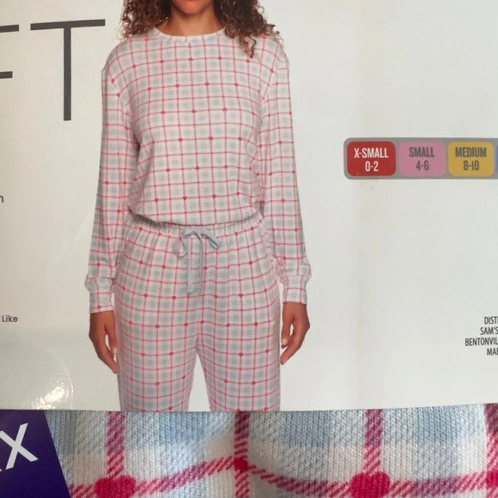 LOFT Sleep Womens XXL Pajama Set Blue Pink Plaid Heart Print 2pc Super Soft Knit